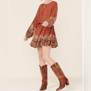 Wild Moss Women's Long Sleeve Boho Western Print Mini Dress Size Medium